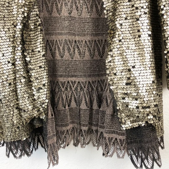 Free People Gold Distressed Metal Sequin Lace Stardust Kimono Jacket XS